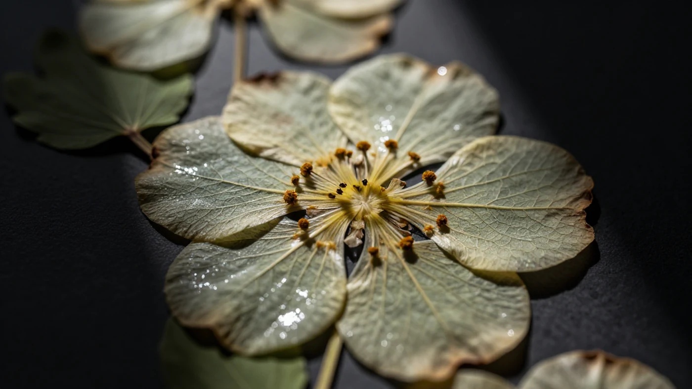 Pressed flower specimen, velvet petals 8K — 4K abstract background