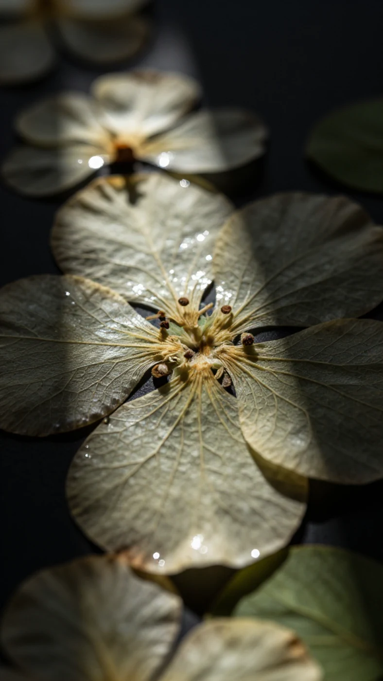 Pressed flower specimen, velvet petals 8K — 4K abstract background