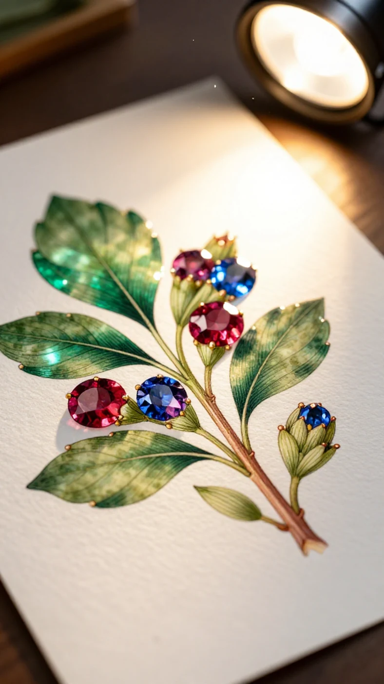 Botanical Illustration, Emerald Ruby Sapphire 4K — 4K abstract background