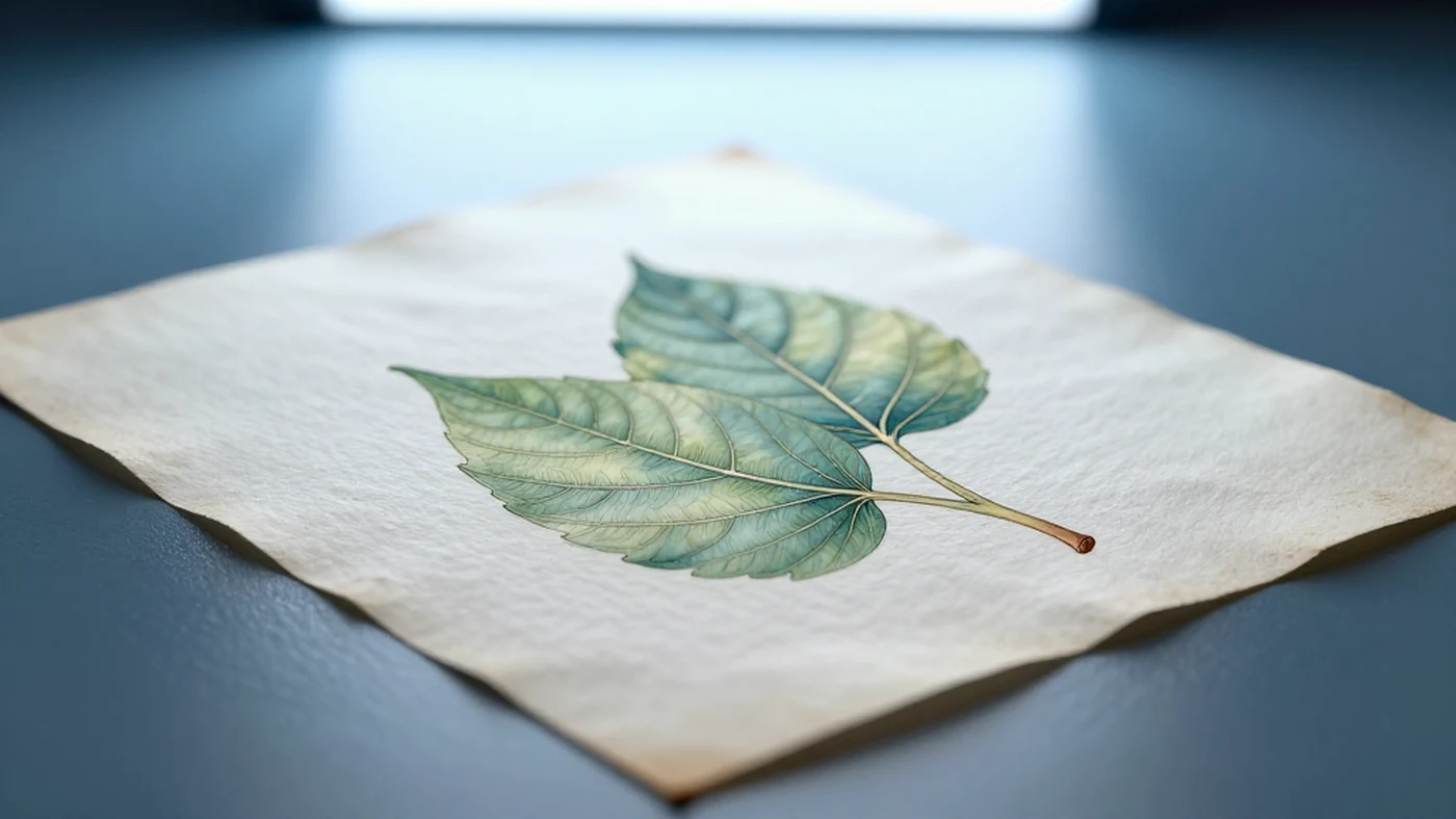 Worn parchment surface, delicate watercolor leaf 4K — 4K abstract background