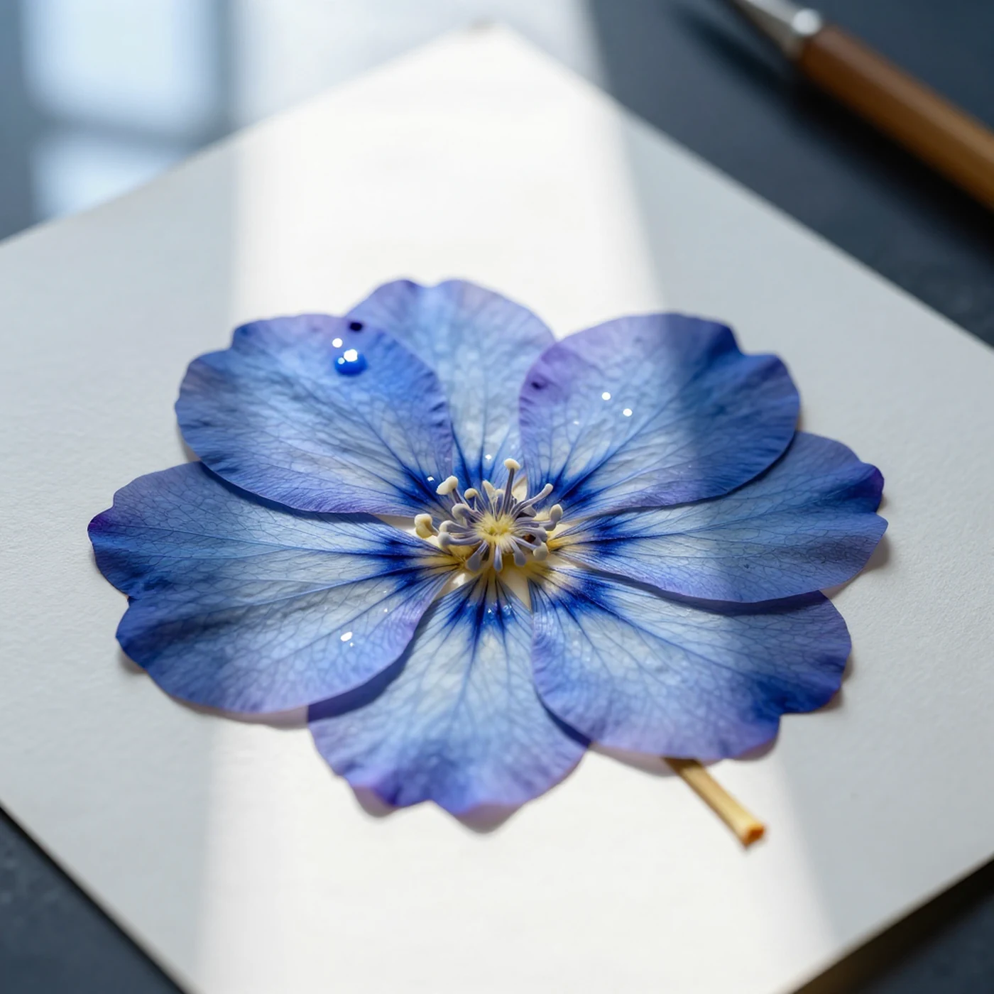 Pressed flower specimen, blue-violet hues 8K — 4K abstract background